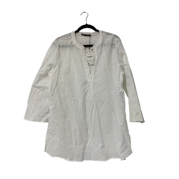 Zara Womens Blouse L Large White Embroidered Eyelet Long Sleeve 8154/303 NWT - Picture 1 of 11